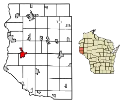 Location of River Falls in Pierce County and St. Croix County, Wisconsin.