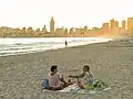 Poniente beach in Benidorm when the sun sets.