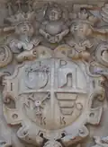 Coat of arms at the entrance of Olesko Castle. Quarterly coat of arms of Jan Daniłowicz h. Sas, Duke of the Duchy of Ruthenia (Ruthenian Voivodeship), and landowner of Olesko in 1605