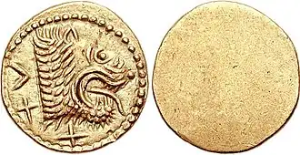 Typical coin of Populonia minted "with the lion", issued during the 5th century B.C.[notes 22]