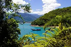 The image shows the Bonete beach, with leaves surrounding the picture where, in the middle, lies the blue ocean and a boat. In the background, mountains fill the space up until it comes the partially clouded sky.