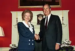 President George H.W. Bush and Prime Minister Margaret Thatcher in London, 1989