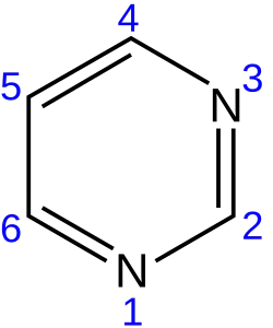 Structural diagram of pyrimidine, a cyclic aromatic chemical structure of four carbon atoms and two nitrogen atoms, the later in positions 1 and 3