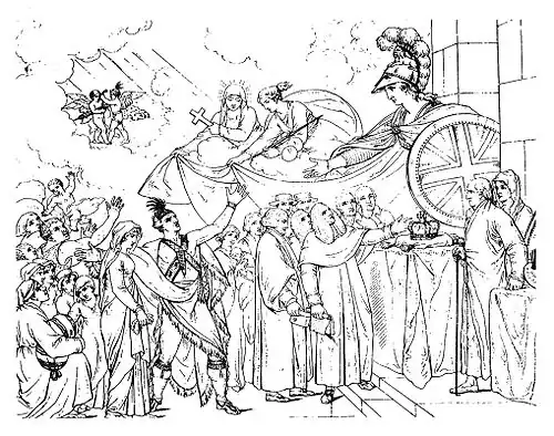 Reception of the American Loyalists by Great Britain in the Year 1783, c. 1783–1811, engraving by Henry Moses of the now-lost original
