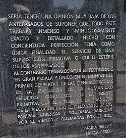 Plaque with text by Reiche at her park.