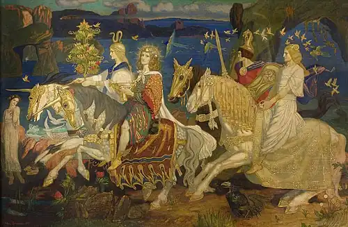 A painting of four figures riding atop their horses
