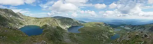 A view of the six lowest (and largest) lakes of the Seven Rila Lakes