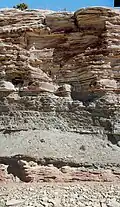 Entrada (orange) and Curtis formations exposed in a road cut, Green River Cutoff Road. They are separated by the J3 unconformity.