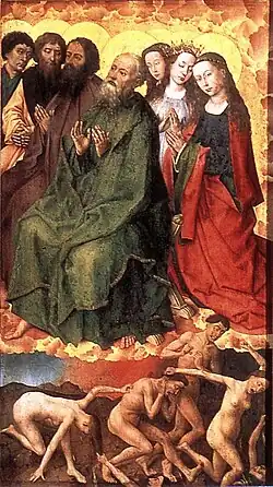 Painting of several haloed figures against golden clouds with nude figures falling in terror below