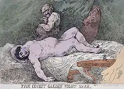 Politician Charles James Fox AS the subject of Thomas Rowlandson's satirical etching The Covent Garden Night Mare, 1784