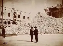 period photograph of the ruins of St Mark's campanile seen from Saint Mark's Square