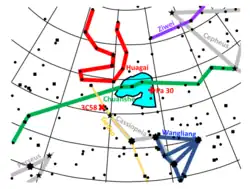 Constrains from ancient Chinese and Japanese observations of SN 1181 (cyan area) and the position of 3C 58 and Pa 30 according to Schaefer 2023[17]