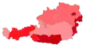 States in which the SPÖ is involved in the state government as a head coalition partner (dark red), as a small coalition partner (medium red) and in which the SPÖ is represented in the state parliament as an opposition party (light red)