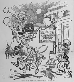 Image 221903 editorial cartoon by Bob Satterfield, depicting Arizona and New Mexico as crazed gunfighters intent on gaining access to the "E pluribus unum tavern". (from History of Arizona)