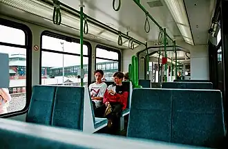 The Supertram in Sheffield, England with moveable straps
