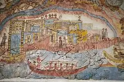Colorful, detailed fresco with people and animals