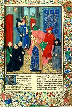 Philip the Good with Chancellor Rolin and the future Charles the Bold accepts the Grandes Chroniques de France from Guillaume Fillastre on January 1, 1457. By Simon Marmion, probably the figure at left.