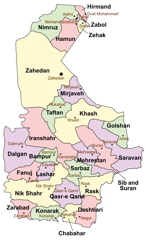Location of Saravan County in&nbsp;Sistan&nbsp;and&nbsp;Baluchestan province (right,&nbsp;purple)