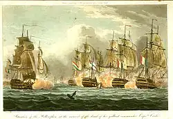 Coloured print of a naval battle between sailing ships. Four ships seen stern on in the right of the picture, obscured by clouds of smoke, a fifth ship seen bow on in the left