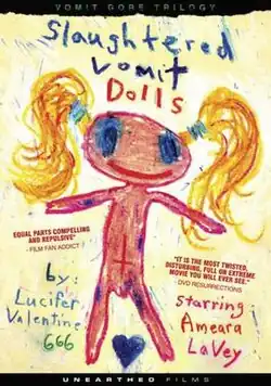 A crude, childish crayon drawing of nude female figure with blonde pigtails and an inverted cross on her abdomen.