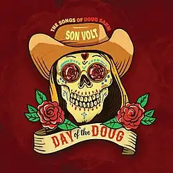 A cartoon sugar skull wearing a sombrero