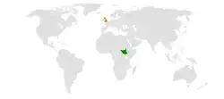 Map indicating locations of South Sudan and United Kingdom
