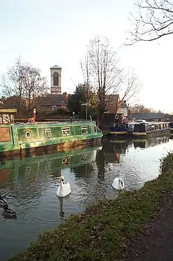 View of the campanile from the northwest across the Oxford Canal.