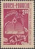 A commemorative stamp was issued in Brazil to mark the 50th anniversary of Japanese immigration. It depicts rice and coffee trees above and below agricultural implements. (1958)