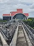 The building seen from the airport skytrain