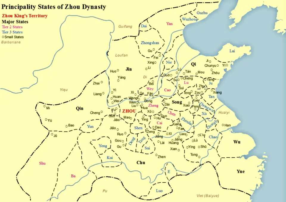 A map of states during the Spring and Autumn period. Huang is depicted within Chu, east of Sui.