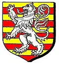 Barruly of ten, or and gules, a lion rampant, argent