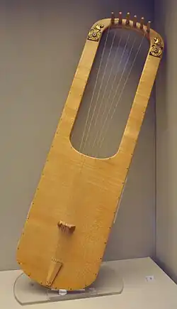 Replica of the Sutton Hoo lyre, British Museum. This version of the instrument was known as the hearpe.