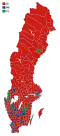 Votes by municipality. The municipalities are the color of the party that got the most votes within the coalition that won relative majority.