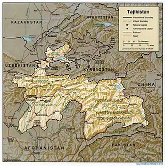 Map of Tajikistan showing the border with China and road through Uzbel/Kyzyl-Dzhiik Pass (2001)