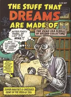 Comics-style drawing of a record collector opening a shipping box and taking out a 78 rpm record