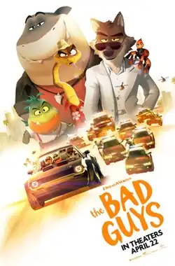 Mr. Wolf, Mr. Snake, Ms. Tarantula, Mr. Shark, and Mr. Piranha are seen above a scene featuring the same group riding a sports car while escaping a crowd of police cars.