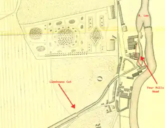River Lee or Bromley end, showing junction with the Four Mills Head