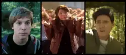 A triple split screen of, from left to right, Peeta Mellark (Stephen Meek), Katniss Everdeen (Mallory Everton), and Gale Hawthorne (Jason Gray). Mellark is seen in portrait, facing toward the camera and slightly to the right, with a relatively neutral expression; a forest scene is behind him. Everdeenis shrugging and grimacing. Behind her, a crowd dances. Hawthorne is facing toward the camera and slightly to the left with a "boy band"-like expression of intense emotion. Forest scenery is visible behind him.