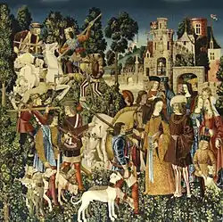 Early Netherlandish painting (South Netherlandish), c.1495-1505, The hunt of the unicorn. The Unicorn is killed and brought to the castle, from The Hunt of the Unicorn tapestries, tapestry, Wool warp, wool, silk, silver, 368.3 x 315&nbsp;cm