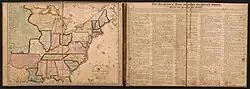 At left, the Travellers' Tour game board, a map of the United States in 1822. At right, a list of cities and instructions.