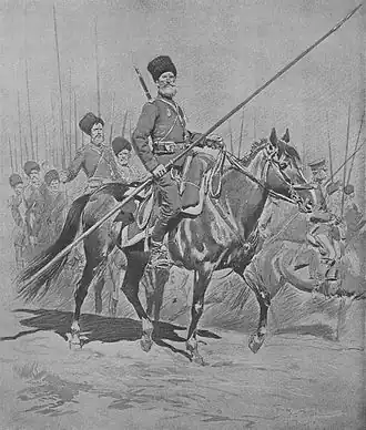 "To Prussia!", a drawing by Georges Scott for L'Illustration of 29 August 1914: "On the road to Berlin. The invasion of East Prussia by the Cossack avant-garde preceded the bulk of the Russian army."