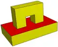 Toroid (genus 1) with two 1-holed-faces. V=24, E=36, F=14, H=2. 2-connected