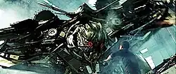 A large human-like robot stands in front of a man in a warehouse.