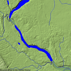 The Traverse Gap is the spillway channel between Lake Traverse (top) and Big Stone Lake, cut through the Big Stone Moraine (NW to SE on this image).