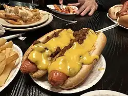 Two "rippers" at Rutt's Hutt with chili and melted cheese