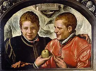 Two Young Men, Crispin van den Broeck (Dutch), c. 1590; Oil on panel; Fitzwilliam Museum, Cambridge[28]