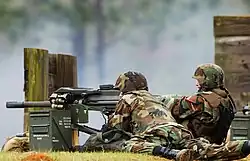 U.S. Navy sailors fire a Mk&nbsp;19 40&nbsp;mm grenade launcher during a training exercise in March 2003.