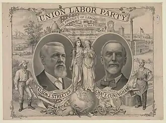 Image 9National campaign poster for Alson Streeter for President and Arkansas activist Charles E. Cunningham for Vice President on the Union Labor Party ticket in the 1888 United States presidential election. (from History of Arkansas)
