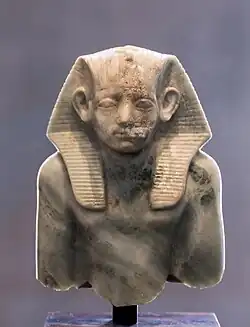 Upper part of portrait statuette of pharaoh Amenemhat III, wearing a nemes, c. 1853&nbsp;– c. 1805&nbsp;BCE