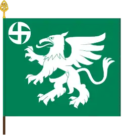 The colour of the Utti Jaeger Regiment features a griffin, representing army aviation by combining the lion of the army with the eagle of the air force. The stylized swastika resembles the spinning rotor of a helicopter.